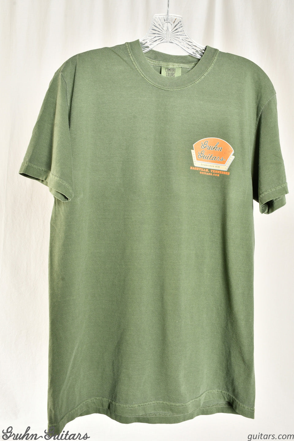 Gruhn Guitars Orange Logo on Green Shirt