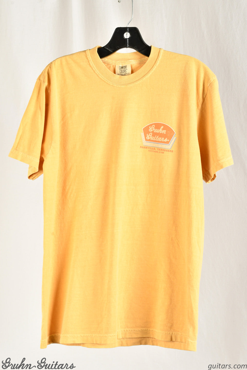 Gruhn Guitars Orange Logo on Mustard Yellow Shirt