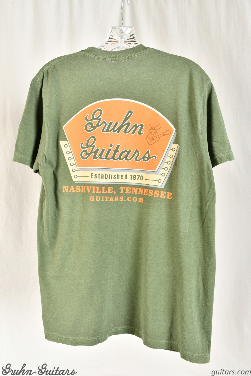 Gruhn Guitars Orange Logo on Green Shirt