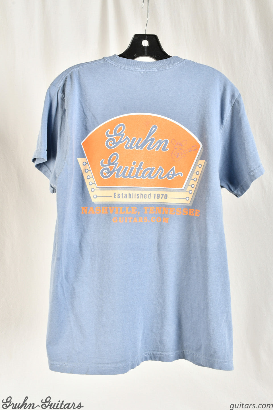 Gruhn Guitars Orange Logo on Blue Shirt