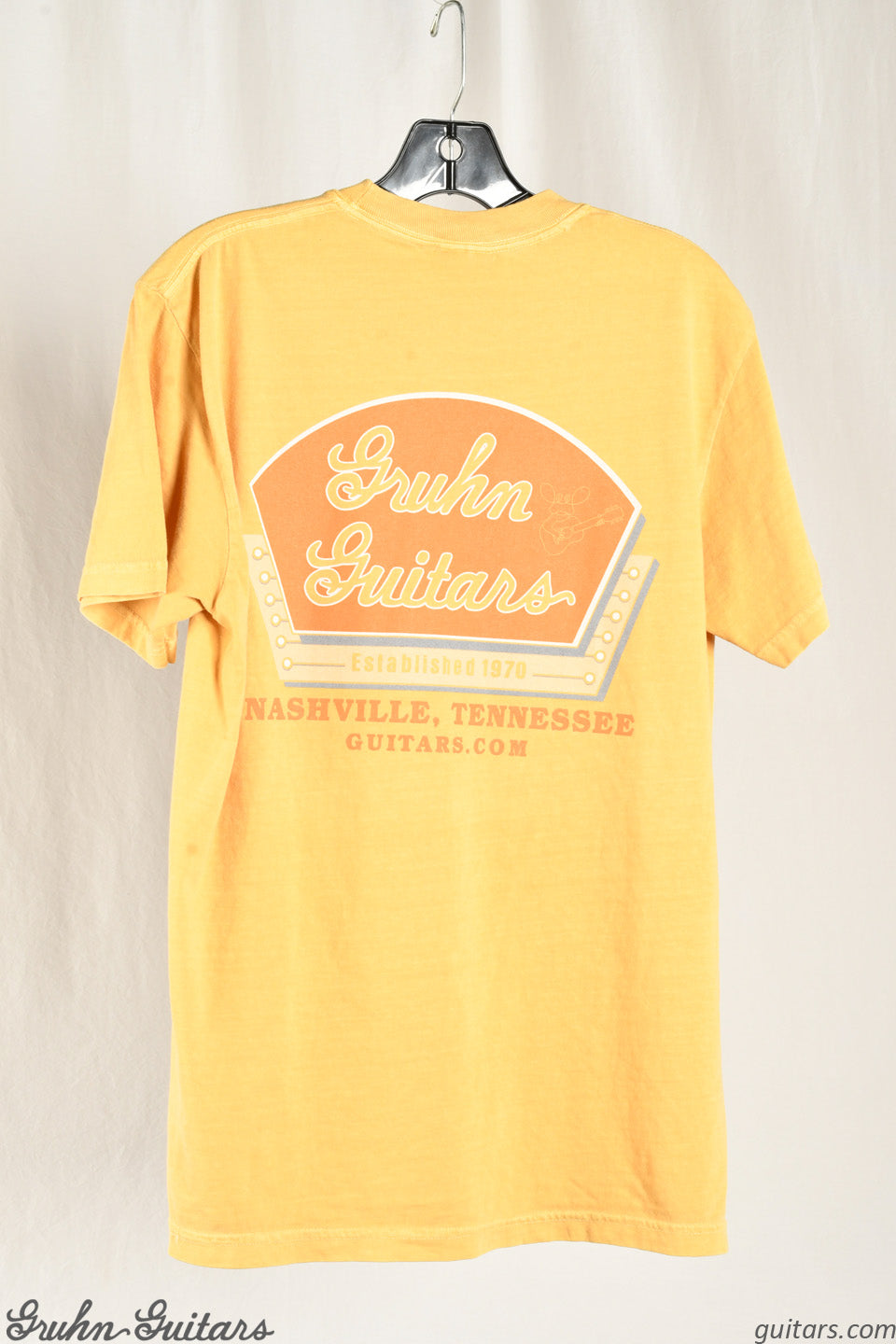 Gruhn Guitars Orange Logo on Mustard Yellow Shirt